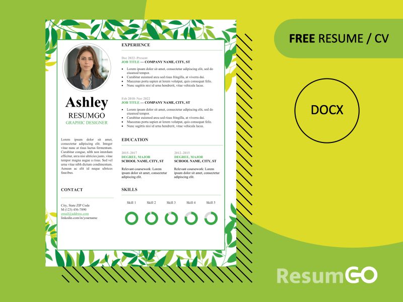 Featured preview of Qanat resume template with a floral green leaf design, available for free download in Word.