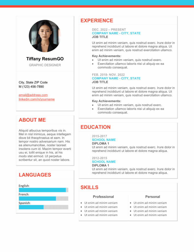 The Plateau Resume Template – Main Page Preview Preview of The Plateau resume template showing a 2-column modern layout with colorful typography, bar charts, and ID photo placeholder in Word & PowerPoint.