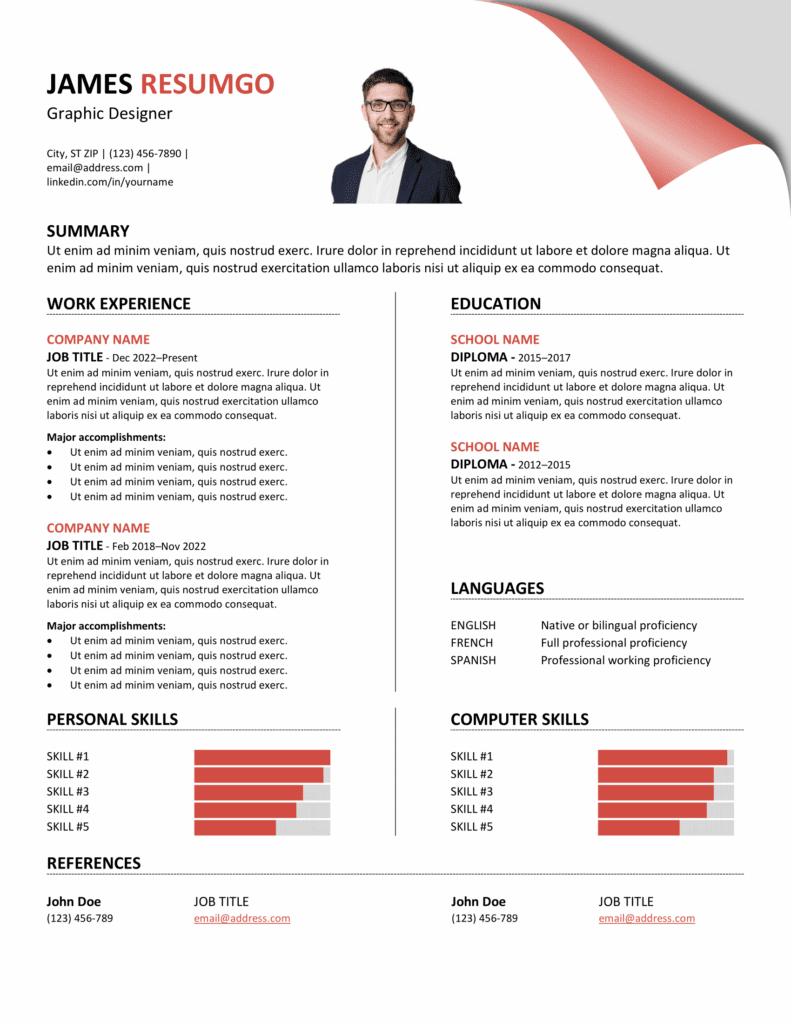 Free Annapurna resume template with two-column structure, page curl effect, and bar chart skills, editable in Word & Google Docs.