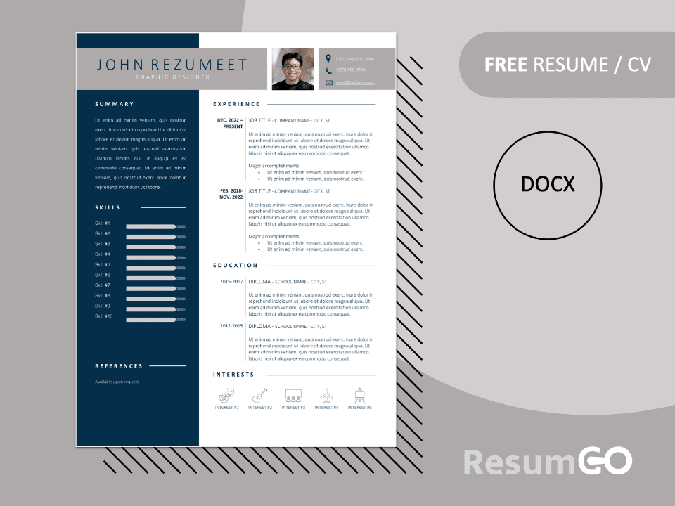 Free Diran resume template preview featuring a blue sidebar and gray banner, editable in Word.