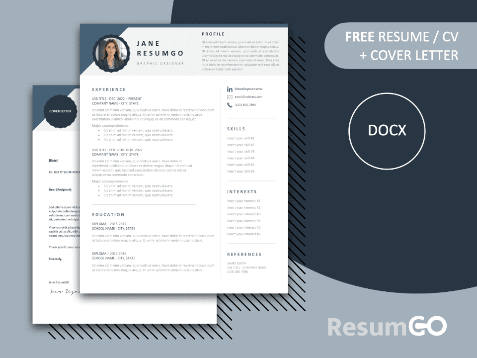 Free Gasherbrum resume template featuring a blue header, two-column layout, and matching cover letter, available in Word.