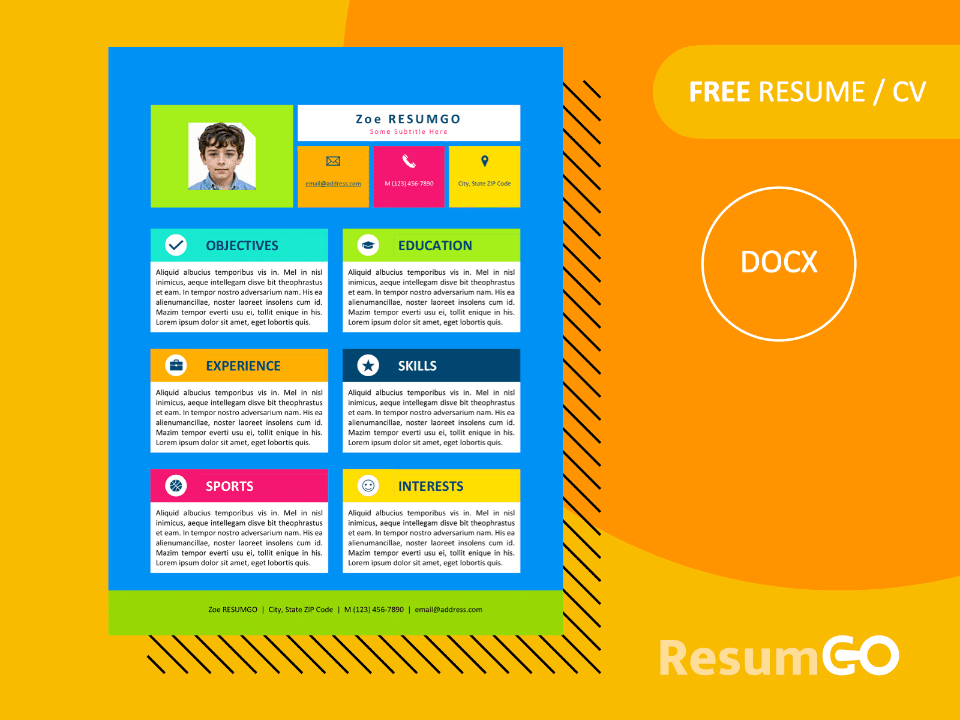 Preview of My First Resume template showing colorful, black & white, and blank printable versions, available in Word.