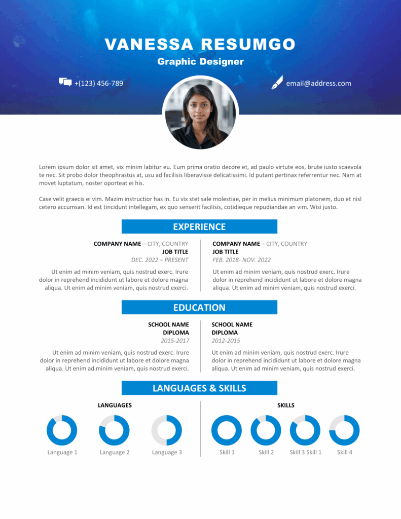 Vesterbro Resume Template – Scuba Diving Variant Vesterbro resume template with underwater scuba diving banner, professional layout, Word editable.