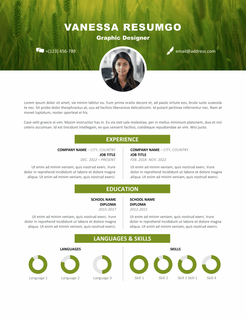 Vesterbro Resume Template – Wheat Field Variant Vesterbro resume template with orange wheat field banner, creative layout with pie chart skills section.