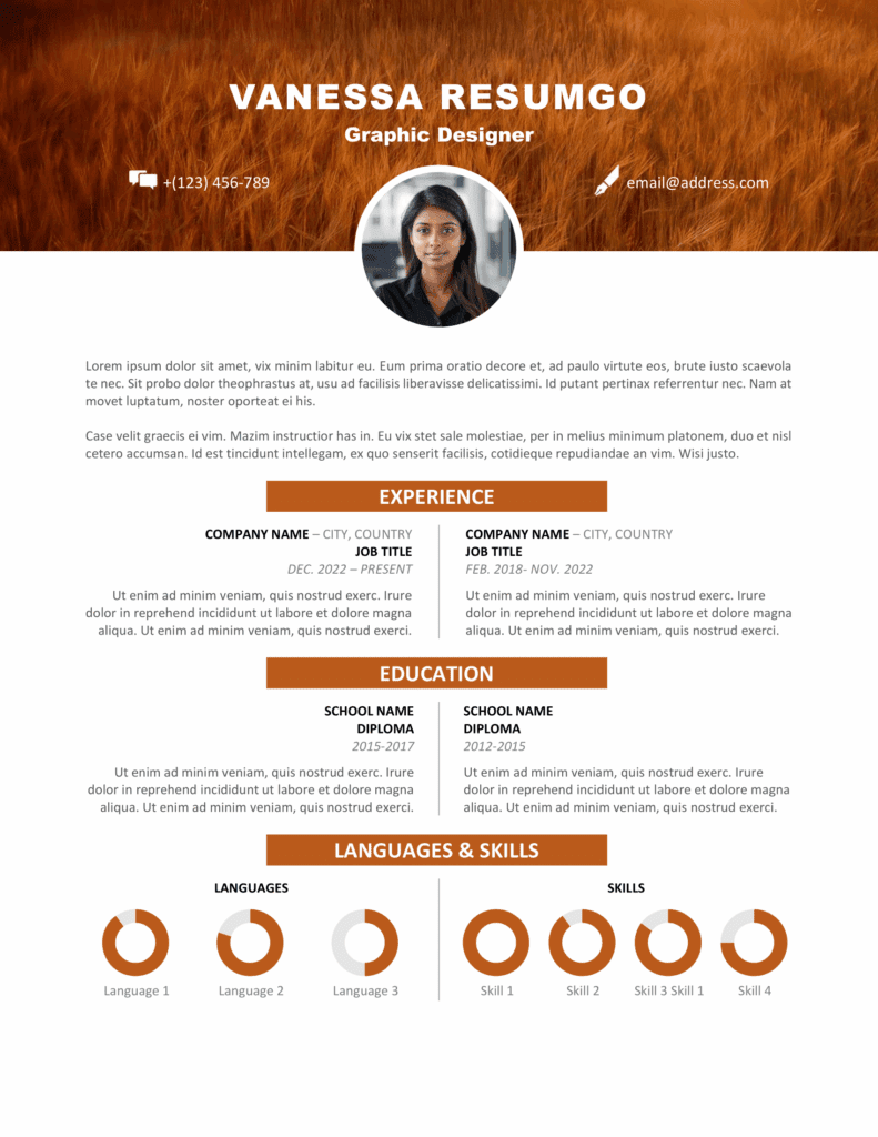 Vesterbro Resume Template – Barley Field Variant Vesterbro resume template with green barley field banner, two-column layout, editable in Word.