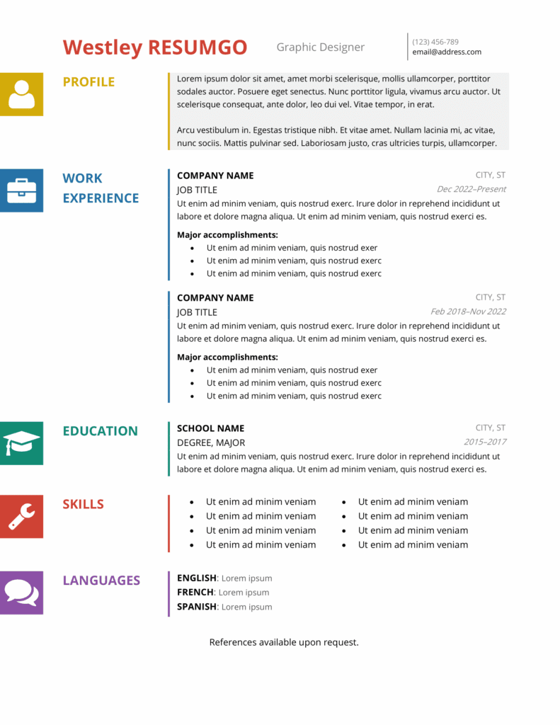 Wynwood resume template with colorful 3-column layout, large icons, and fully editable in Word & Google Docs.