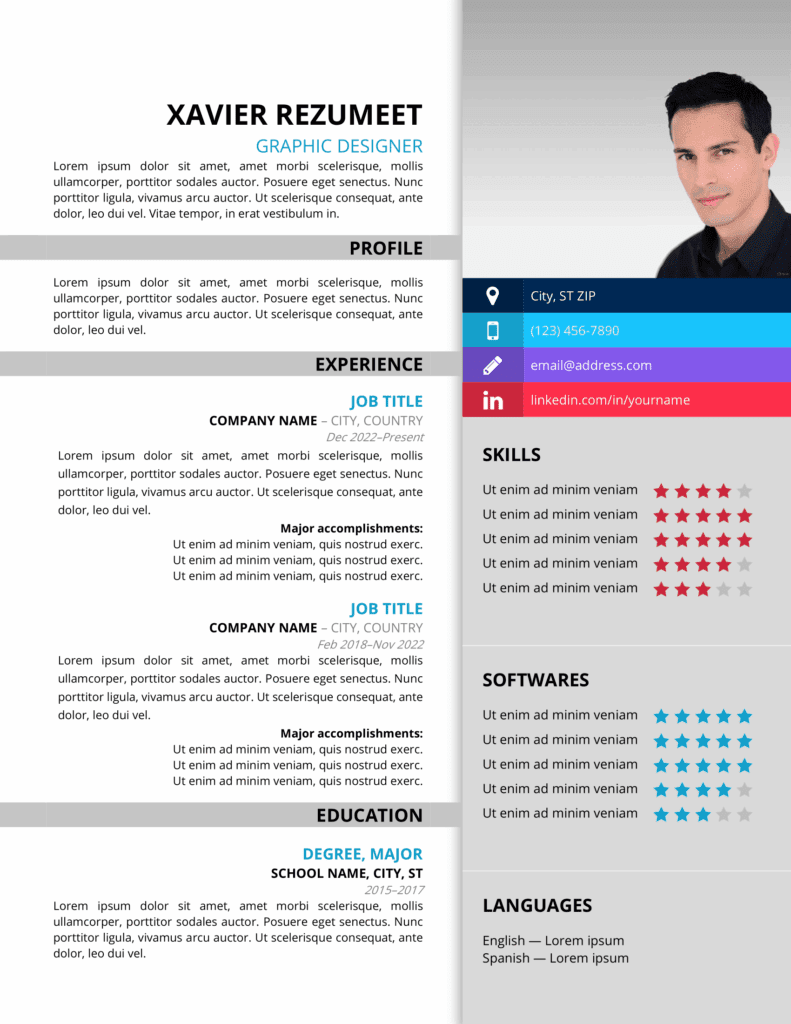 Preview of Xuhui resume template featuring two-column layout with gray sidebar, editable in Word format.