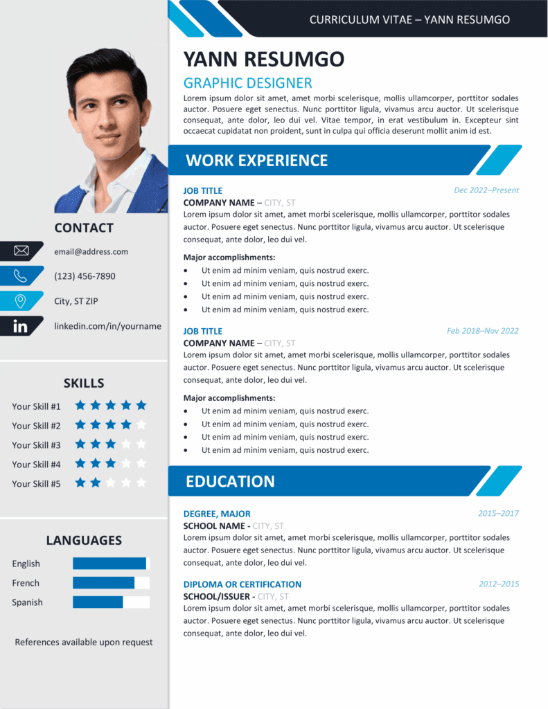 Main page preview of Yanaka resume template showing blue banners, two-column layout, and editable sections in Word.