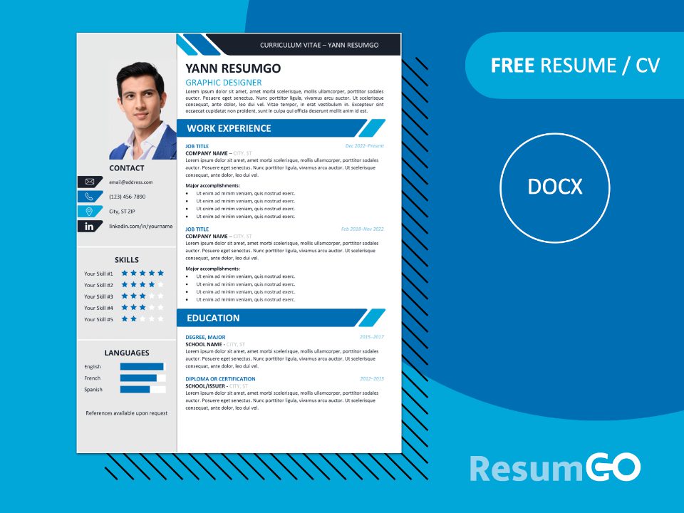 Featured preview of Yanaka resume template with blue banners and two-column design, available in Word format.
