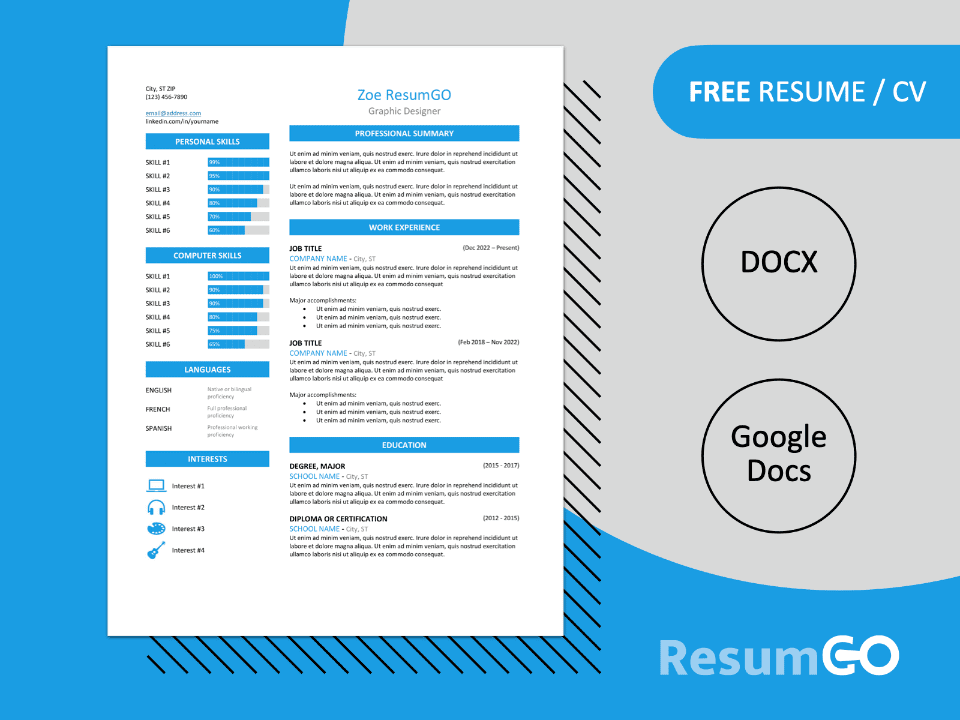 Free Zeeburg Resume Template in blue, two-column design, editable in Word & Google Docs.
