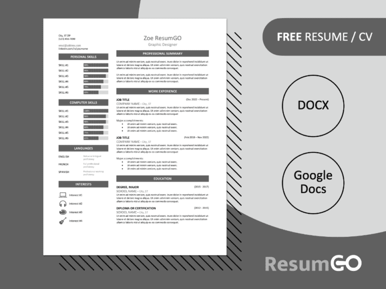 Free Zeeburg Resume Template in gray, two-column design, editable in Word & Google Docs.