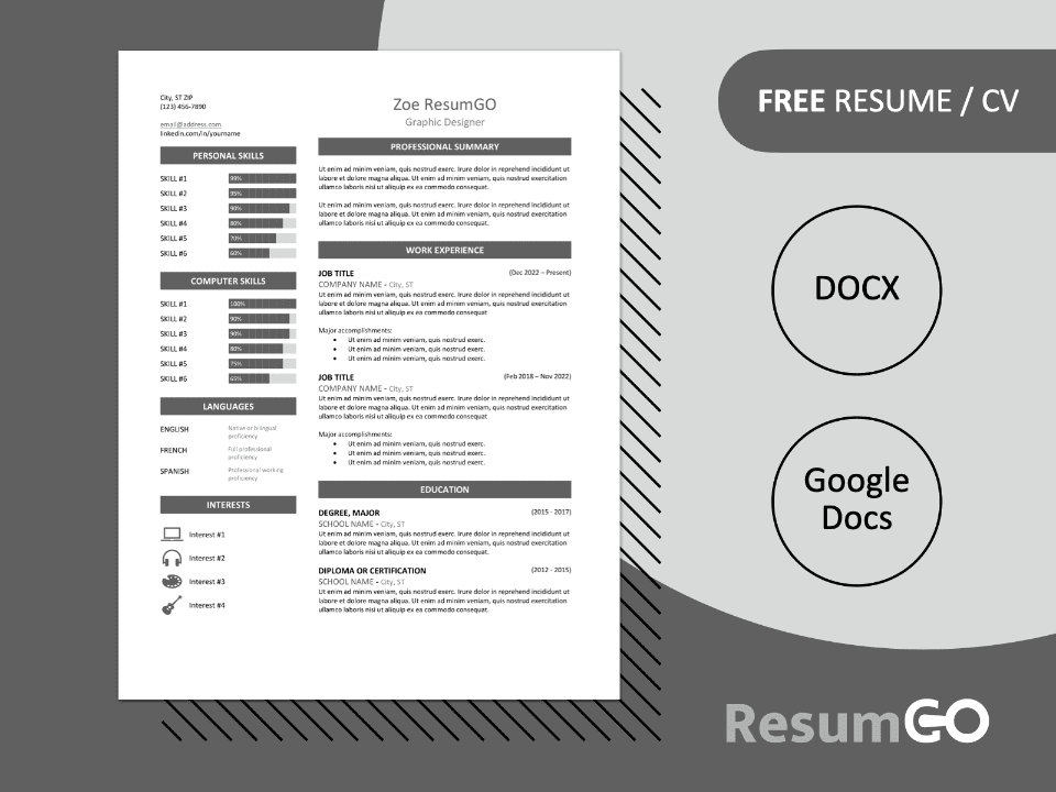 Free Zeeburg Resume Template in gray, two-column design, editable in Word & Google Docs.