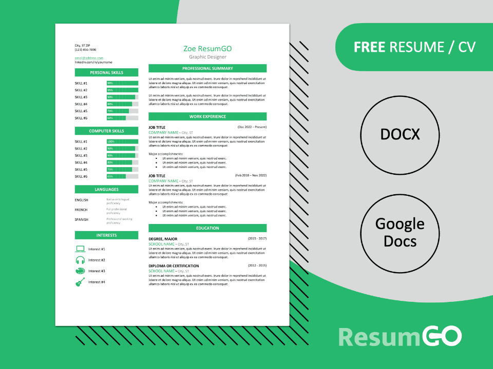 Free Zeeburg Resume Template in green, two-column design, editable in Word & Google Docs.
