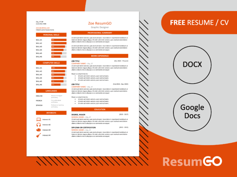 Free Zeeburg Resume Template in orange, two-column design, editable in Word & Google Docs.