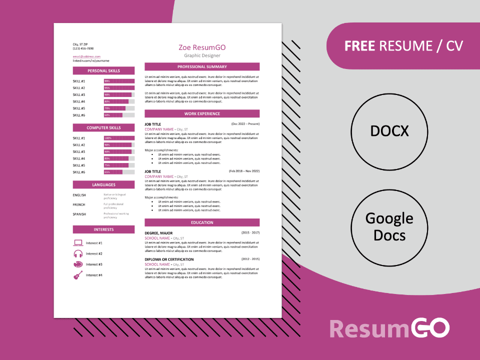 Free Zeeburg Resume Template in purple, two-column design, editable in Word & Google Docs.