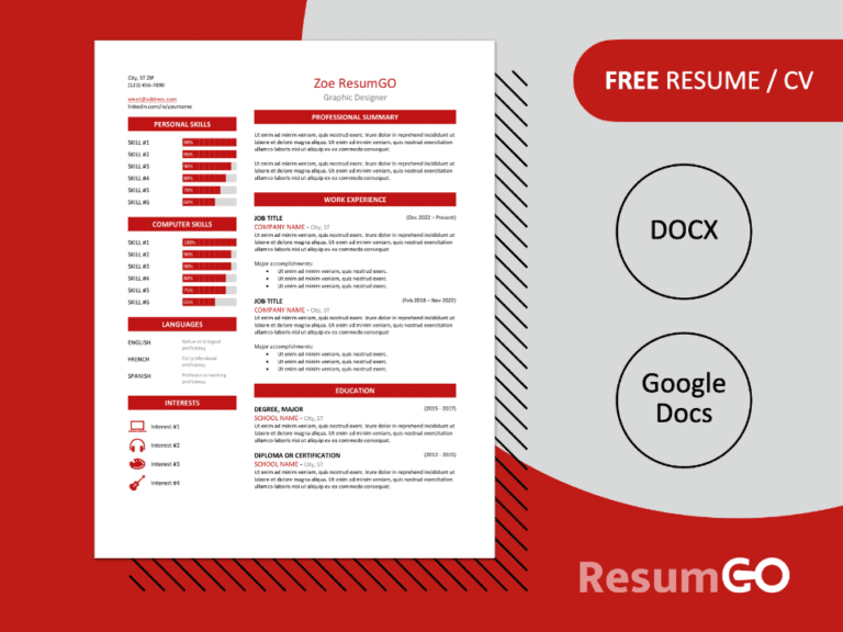 Free Zeeburg Resume Template in red, two-column design, editable in Word & Google Docs.