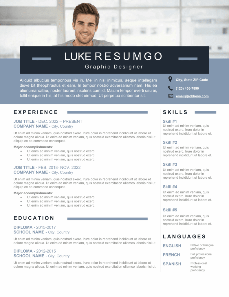 CHONGTAR Resume Template – Page Preview Preview of CHONGTAR Resume Template with banner photo, two-column design, and modern blue and gray layout, editable in Word.