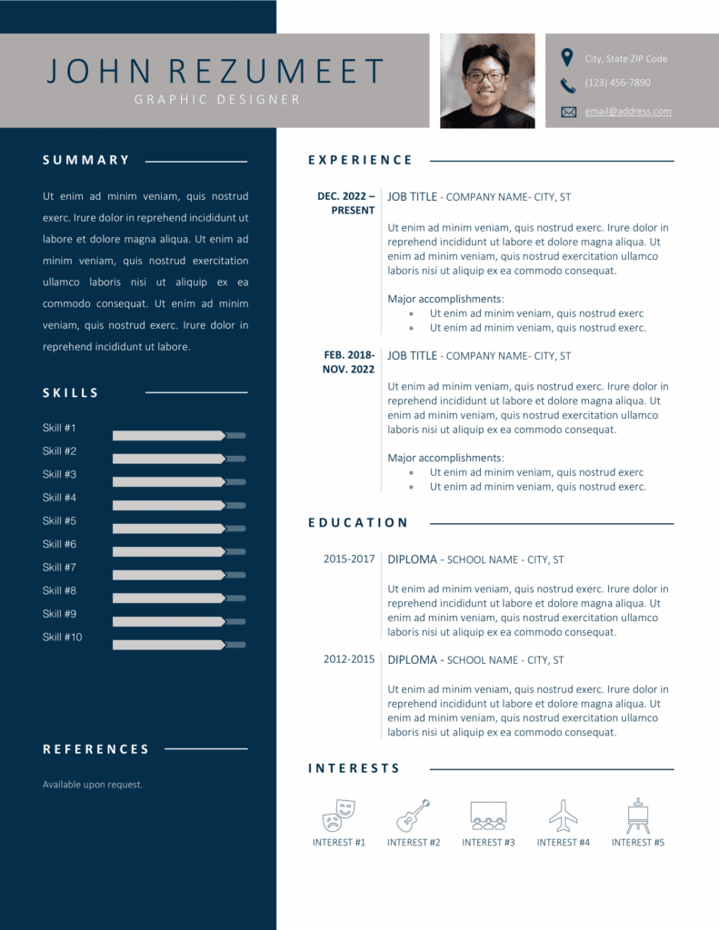 Diran Resume Template – Page Preview First page of the Diran resume template showing blue sidebar, gray banner, and modern clean layout, editable in Word.