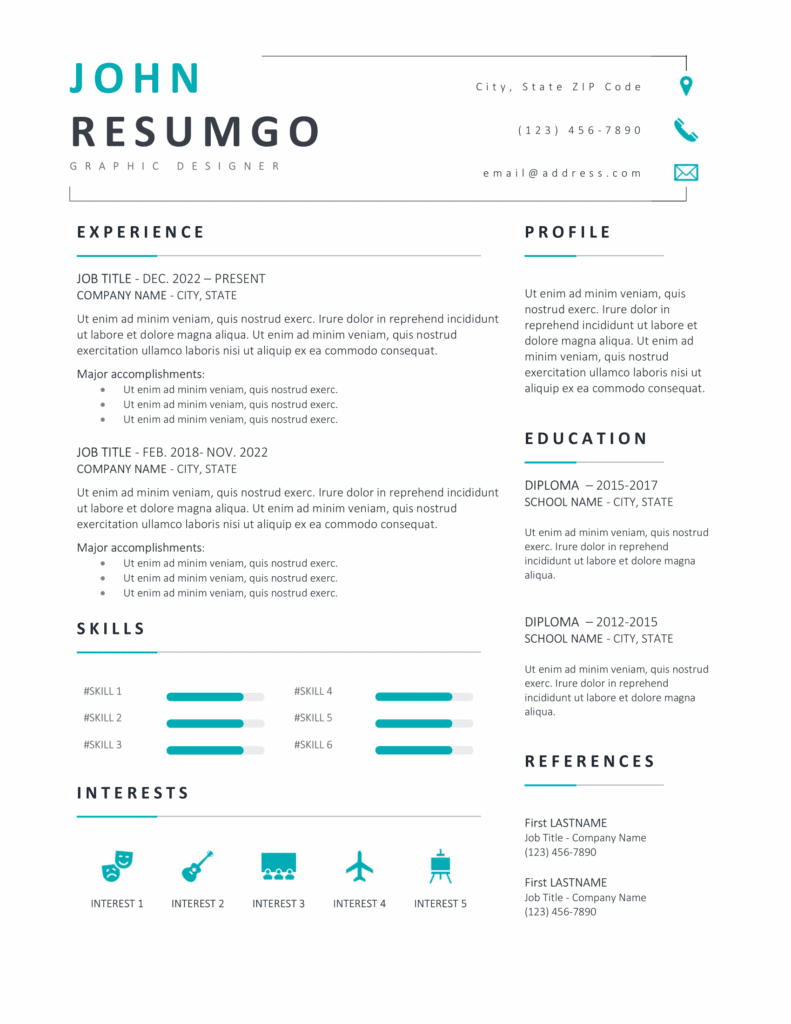 Eiger resume template preview with two-column layout in gray and teal, editable in Word & Google Docs, featuring skills bar charts and icons.