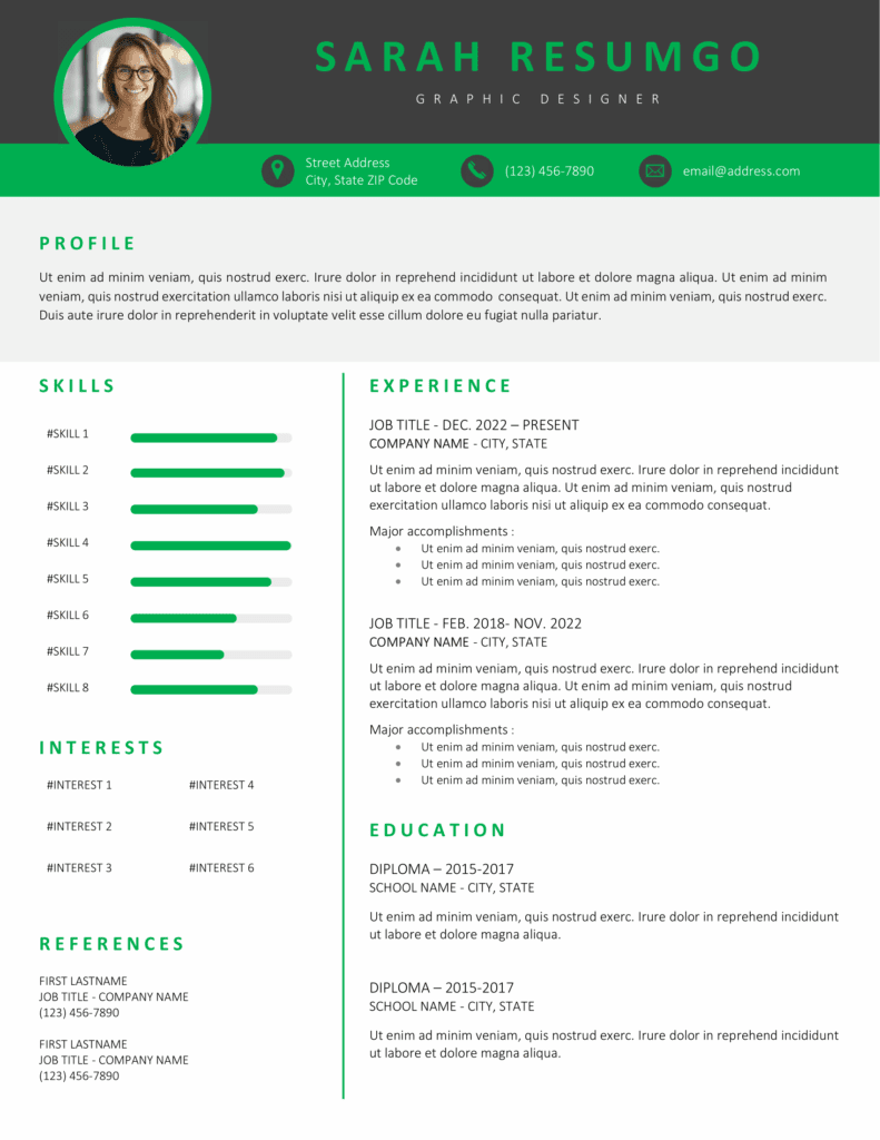 Feldberg resume template Letter size preview with modern green design and professional layout, editable in Word.