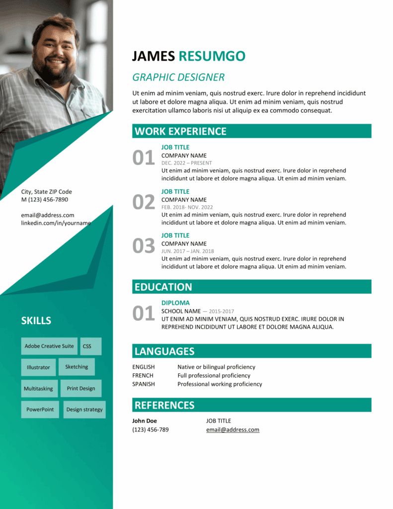 Brandberg Resume Template – Resume Page Preview Preview of the Brandberg resume template showing a green folded vertical banner, two-column layout, and keyword cloud skills section, editable in Word.