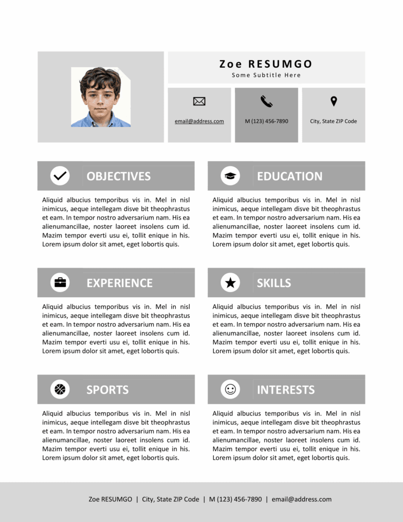 Black and white kids resume template with clear structured sections, editable in Word, ideal for simple printing.