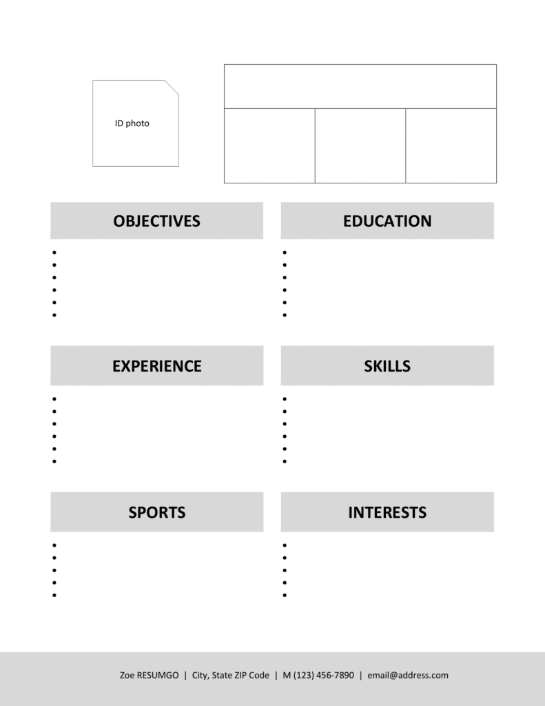 Blank kids resume template with outlined sections for objectives, education, and skills, designed for children to fill out by hand.