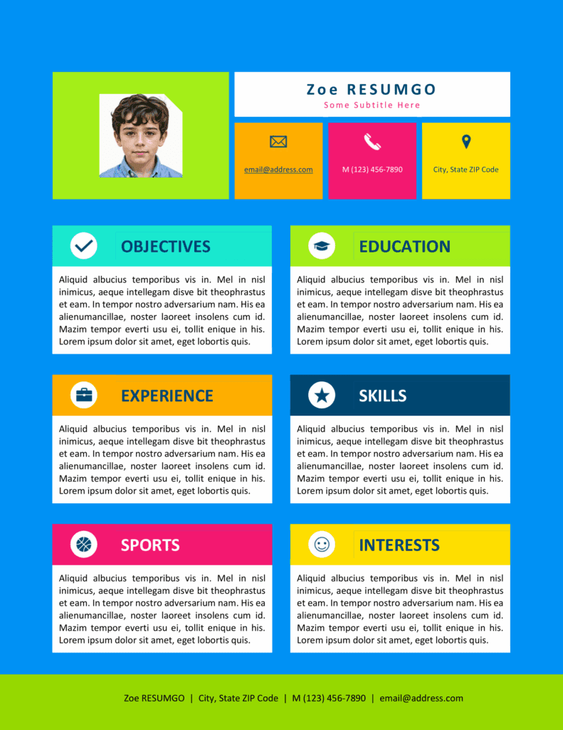 Fun and colorful kids resume template with sections for skills, education, sports, and hobbies, editable in Word.