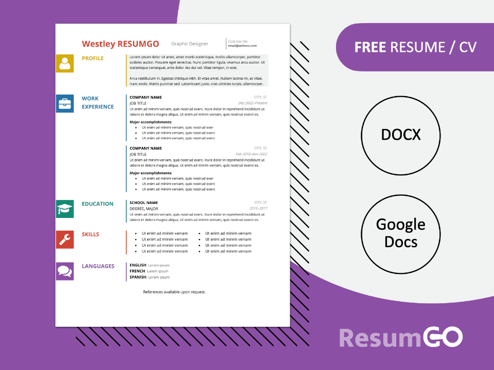 Free Wynwood multicolor resume template with 3-column layout, colorful icons, and editable in Word & Google Docs.