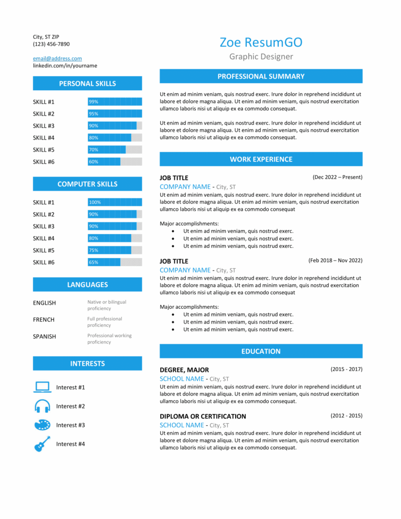 Zeeburg Resume Template in blue, two-column professional layout, editable in Word & Google Docs.