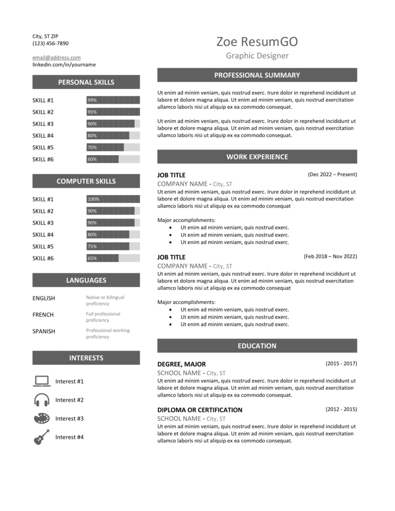 Zeeburg Resume Template in gray, two-column professional layout, editable in Word & Google Docs.