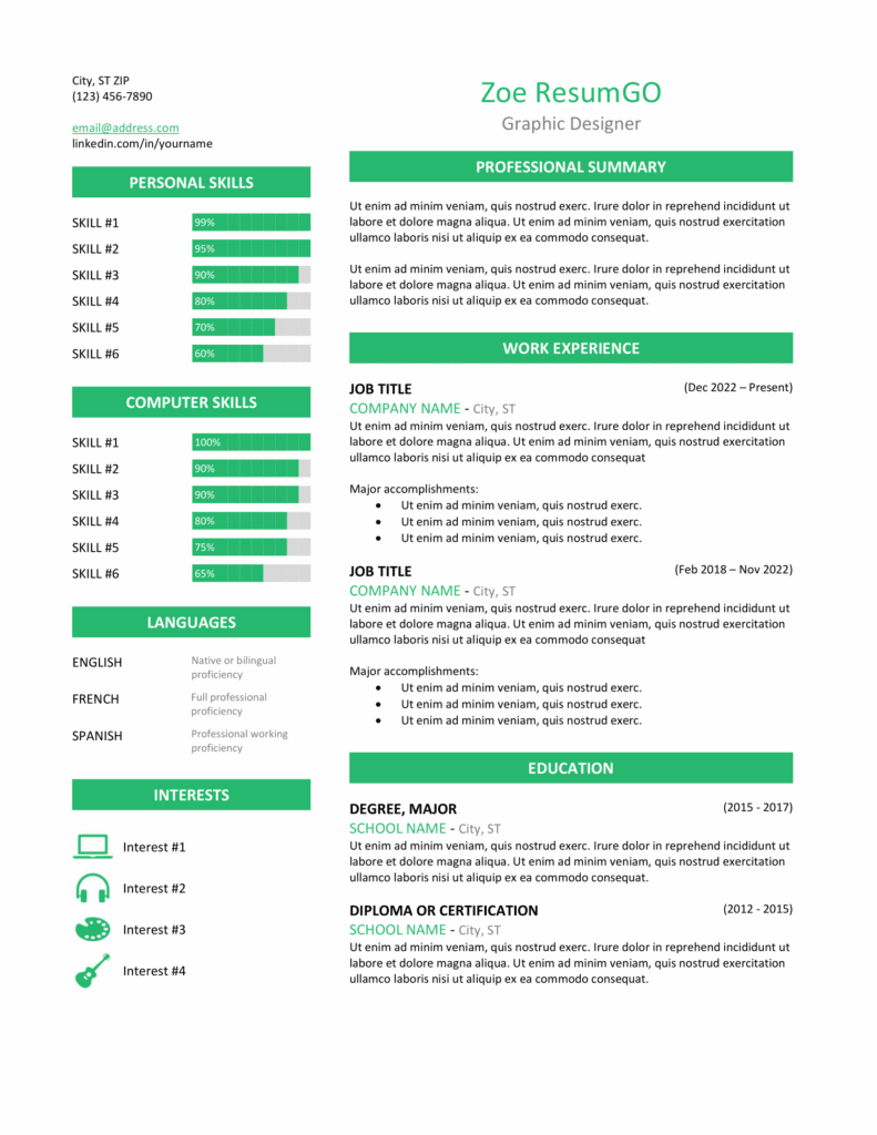 Zeeburg Resume Template in green, two-column professional layout, editable in Word & Google Docs.