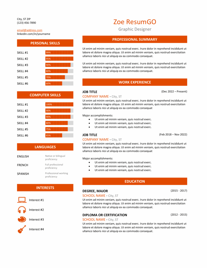 Zeeburg Resume Template in orange, two-column professional layout, editable in Word & Google Docs.