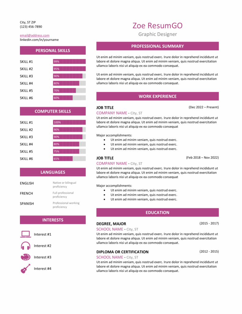 Zeeburg Resume Template in purple, two-column professional layout, editable in Word & Google Docs.