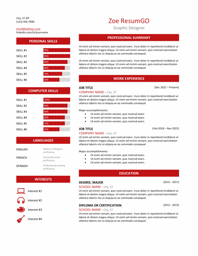 Zeeburg Resume Template in red, two-column professional layout, editable in Word & Google Docs.