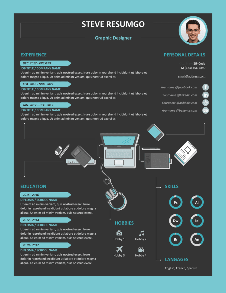 Rockdale resume template dark version with data-driven charts and ID photo placeholder in Word.