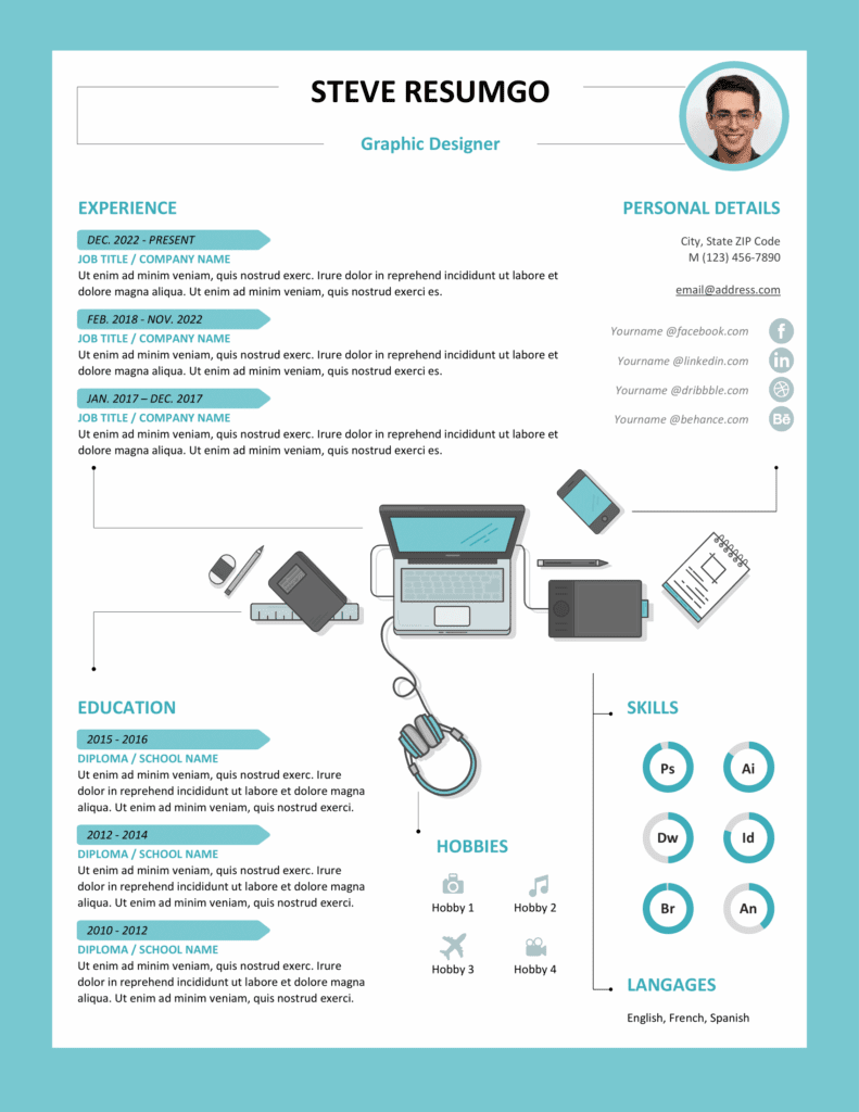 Rockdale resume template light version with creative infographic layout, editable in Word.