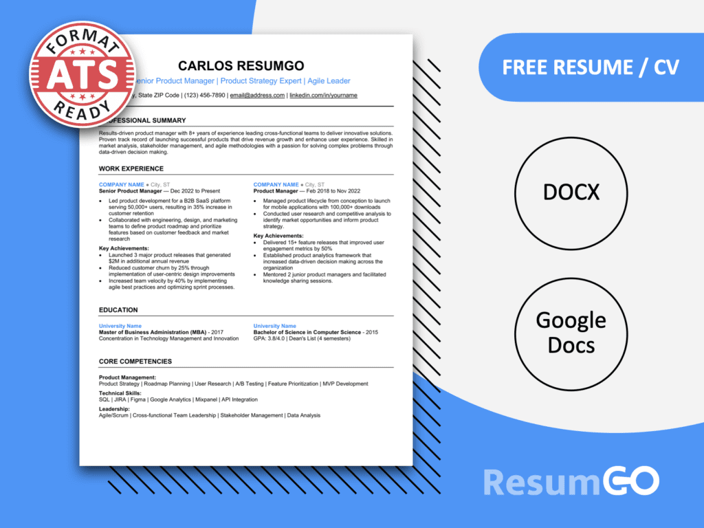 Featured image of Ambassador ATS resume template in blue with clean two-page layout optimized for Word and Google Docs
