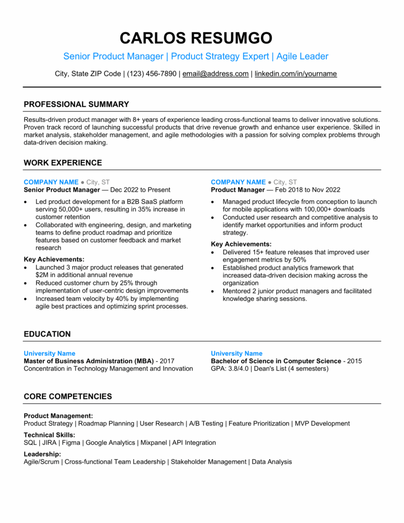 Page 1 preview of Ambassador ATS resume template in blue showing professional summary and work experience for Word
