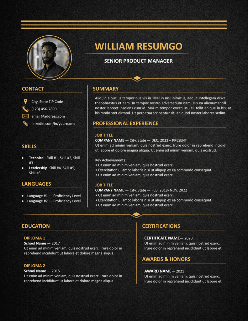 Executive resume template for Microsoft Word in black with icons, photo placeholder, and clean modern layout
