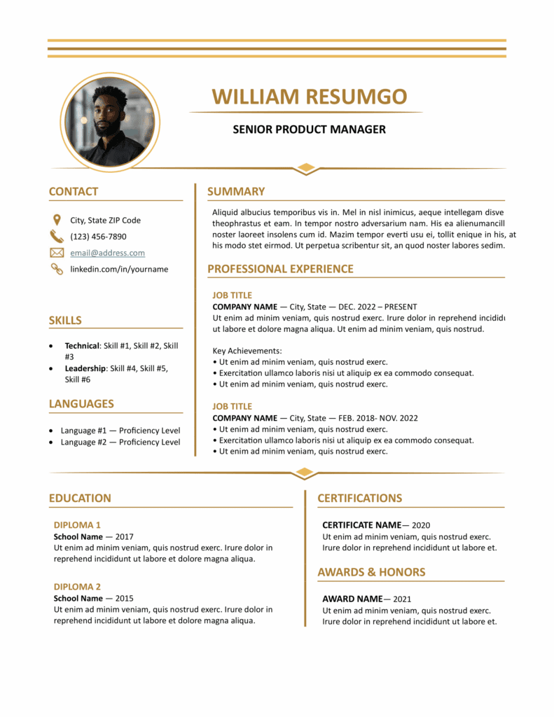 Page 1 preview of Brooklyn Prestige resume template for Microsoft Word in brown gold with icons and photo layout
