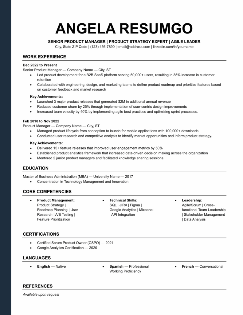 Page 1 preview of Confederation ATS resume template in blue showing clean single-column layout for Word and Google Docs