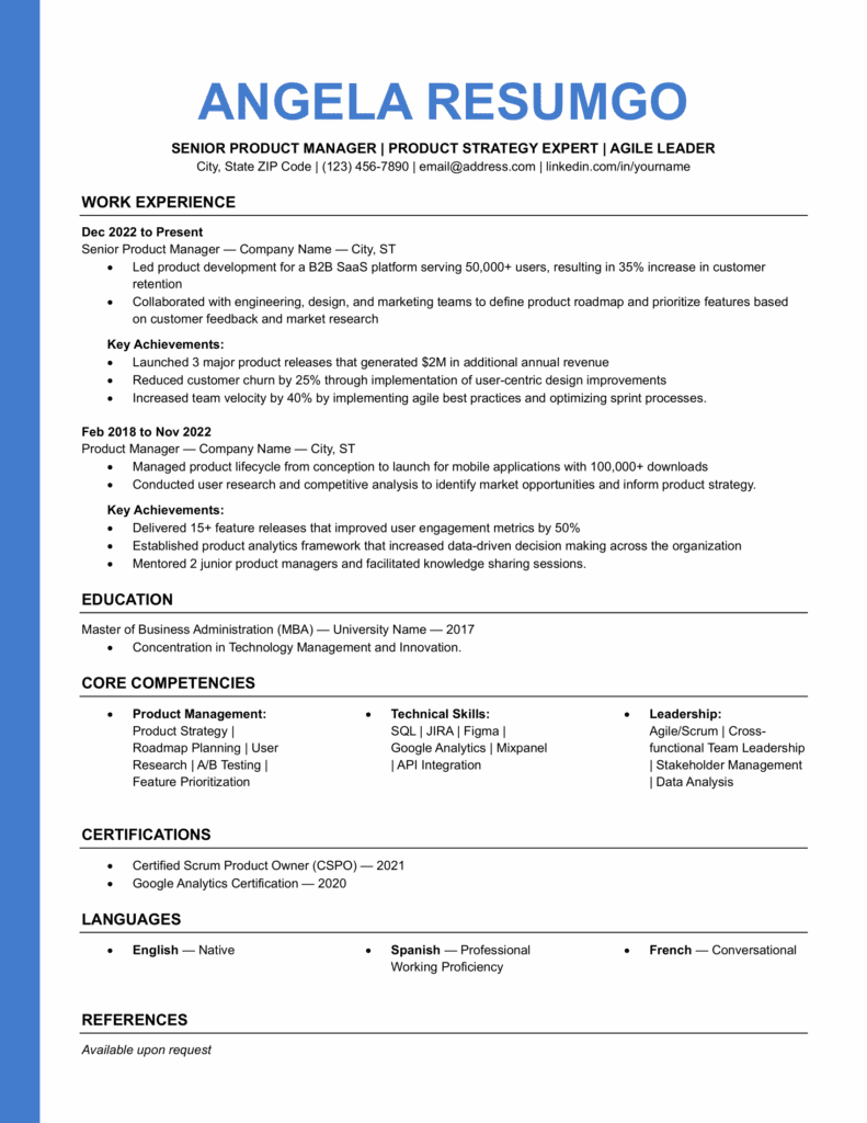 Page 1 preview of Confederation ATS resume template in light blue with structured sections for Word and Google Docs