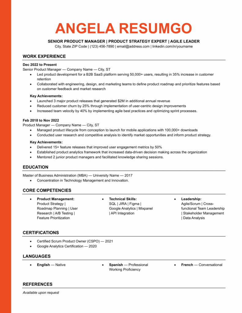 Page 1 preview of Confederation ATS resume template in orange featuring professional single-column formatting for Word and Google Docs