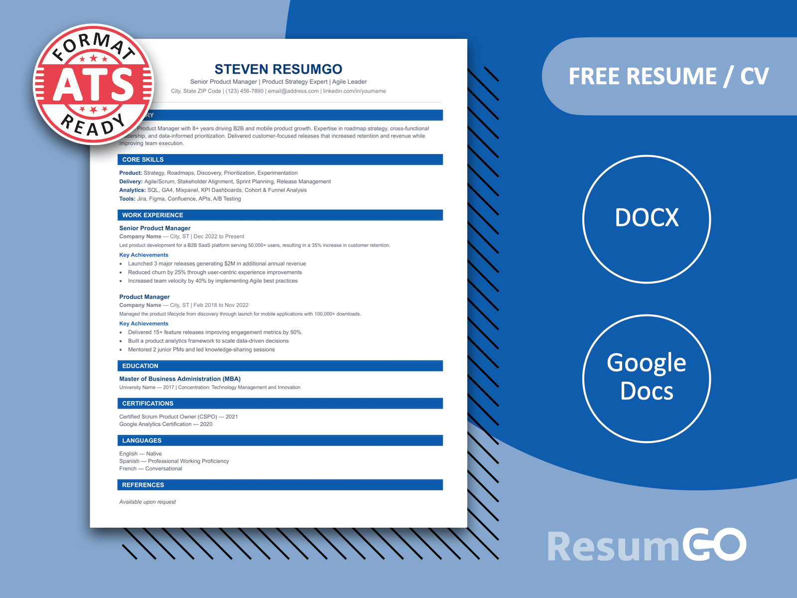 Featured image of Dom Luis professional ATS resume template in blue with clean single-column layout for Word and Google Docs