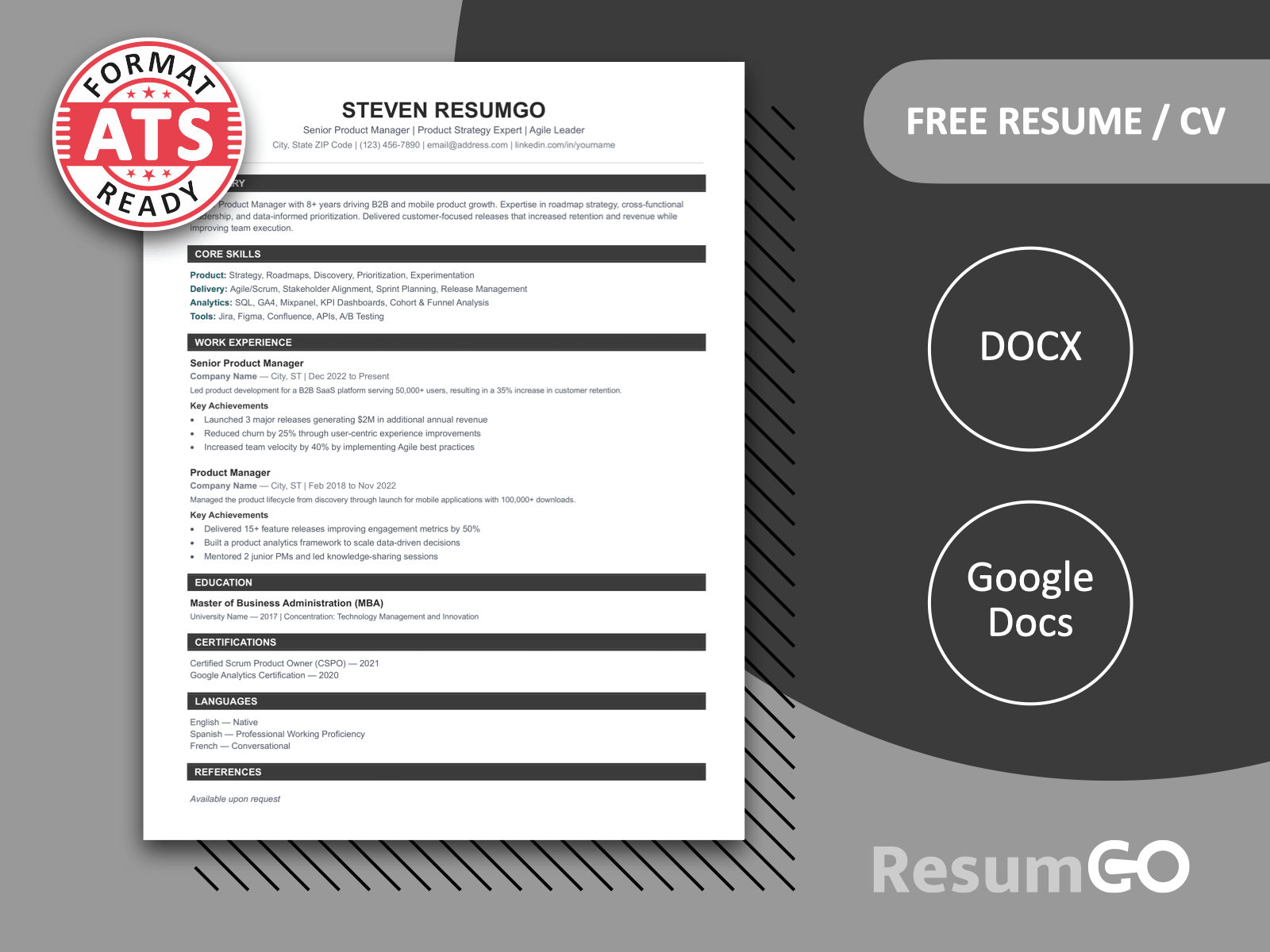 Featured image of Dom Luis professional ATS resume template in gray showing structured single-column design for Word and Google Docs