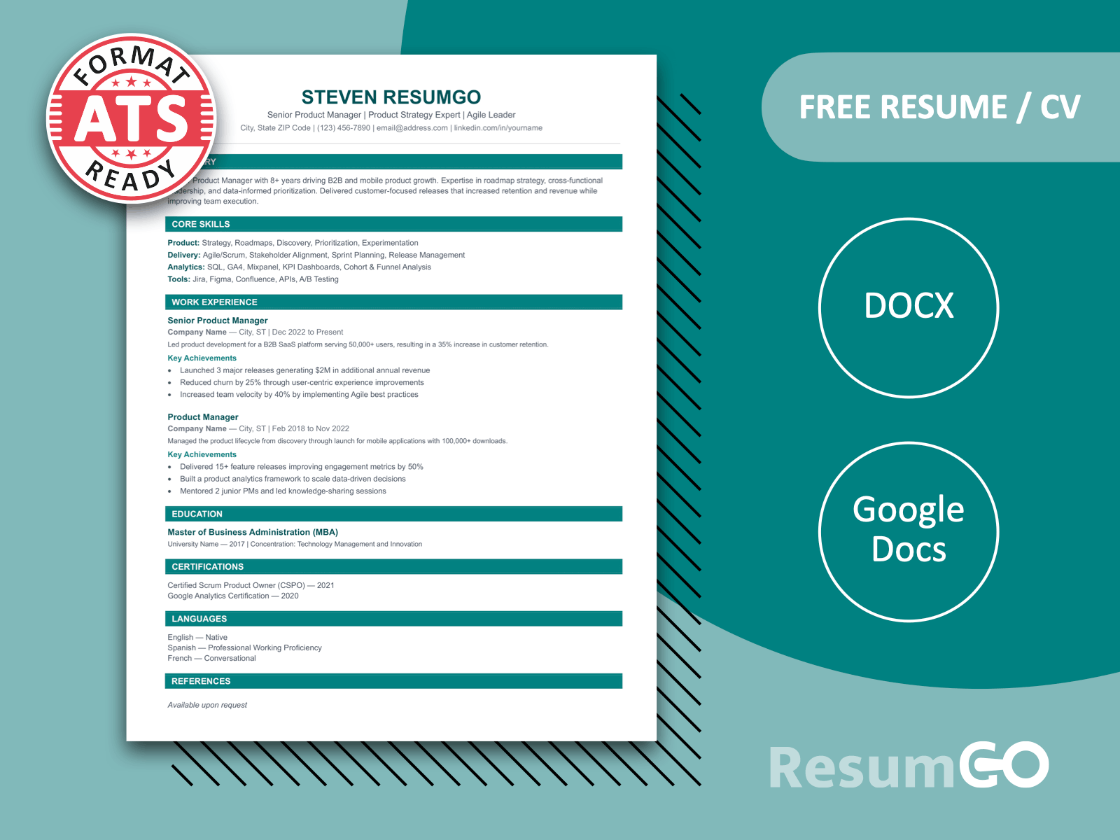 Featured image of Dom Luis professional ATS resume template in green with classic formatting for Word and Google Docs