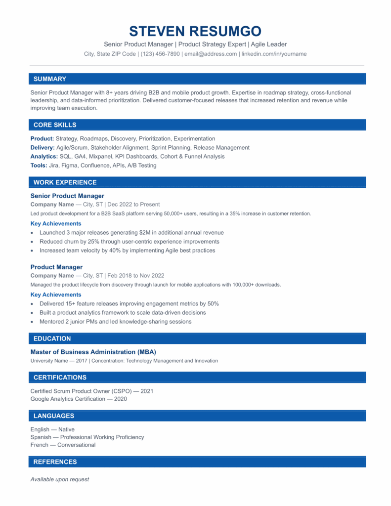 Dom Luis Resume Template – Page 1 (Blue Version) Page 1 preview of Dom Luis professional ATS resume template in blue showing single-column layout for Word and Google Docs