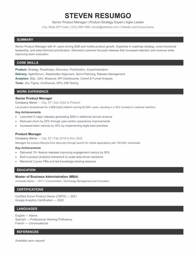 Dom Luis Resume Template – Page 1 (Gray Version) Page 1 preview of Dom Luis professional ATS resume template in gray with clean single-column format for Word and Google Docs