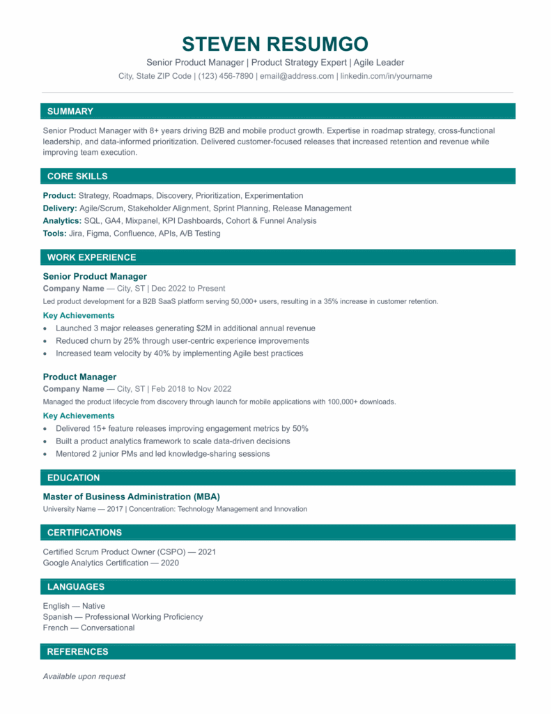 Dom Luis Resume Template – Page 1 (Green Version) Page 1 preview of Dom Luis professional ATS resume template in green featuring structured sections for Word and Google Docs